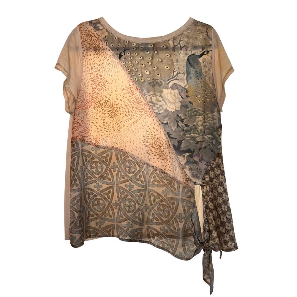 Tiny Anthropologie Satin Peacock Abtract Patchwork Front Tie Top Women's Large